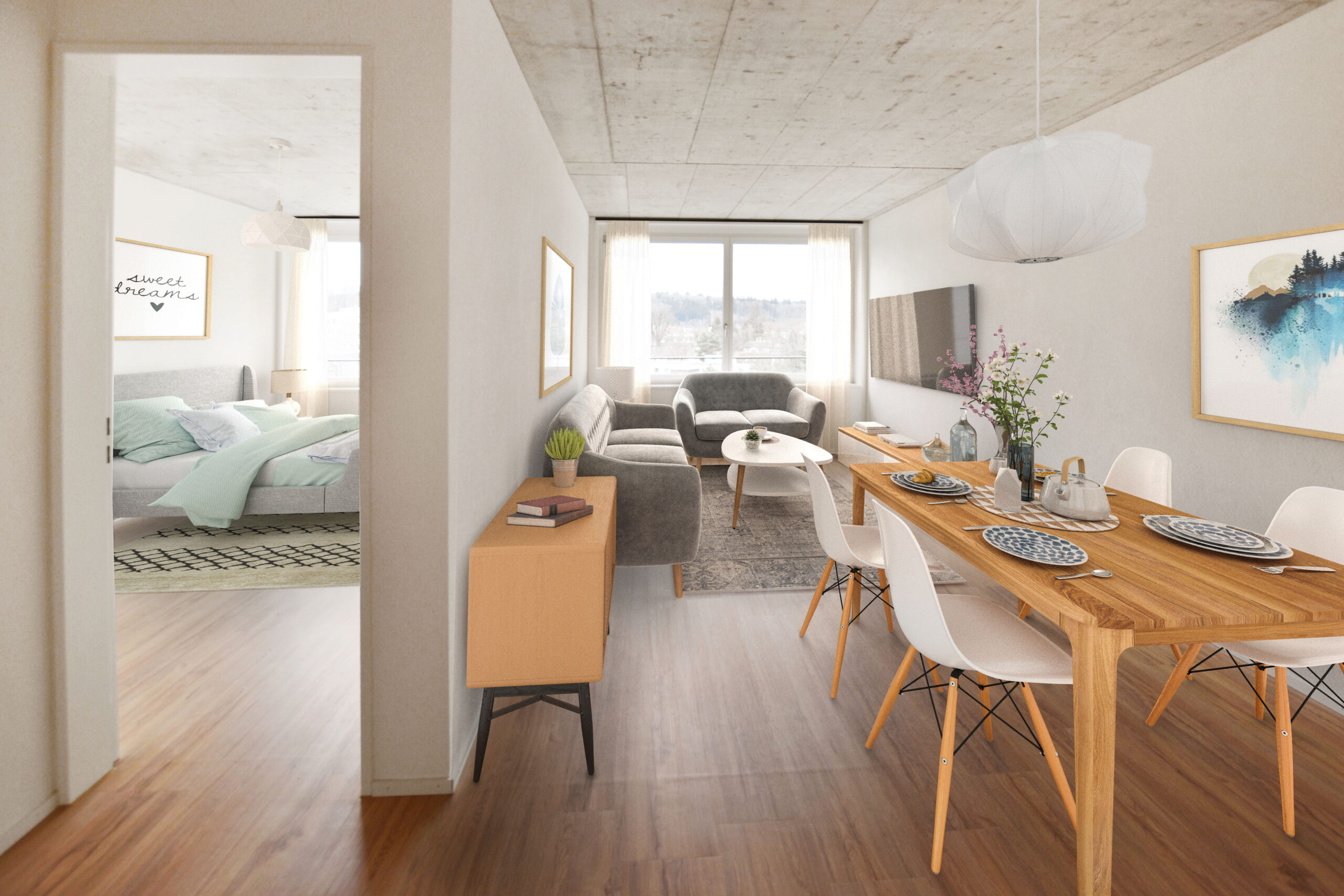 Modernes, offenes Apartment mit Essbereich, Wohnzimmer und Blick in ein Schlafzimmer. Esstisch aus Holz mit weissen Stühlen, gemütliche graue Sofas und ein grosses Fenster, das Tageslicht hereinlässt. Minimalistisches Dekor mit Pflanzen und Wandkunst.