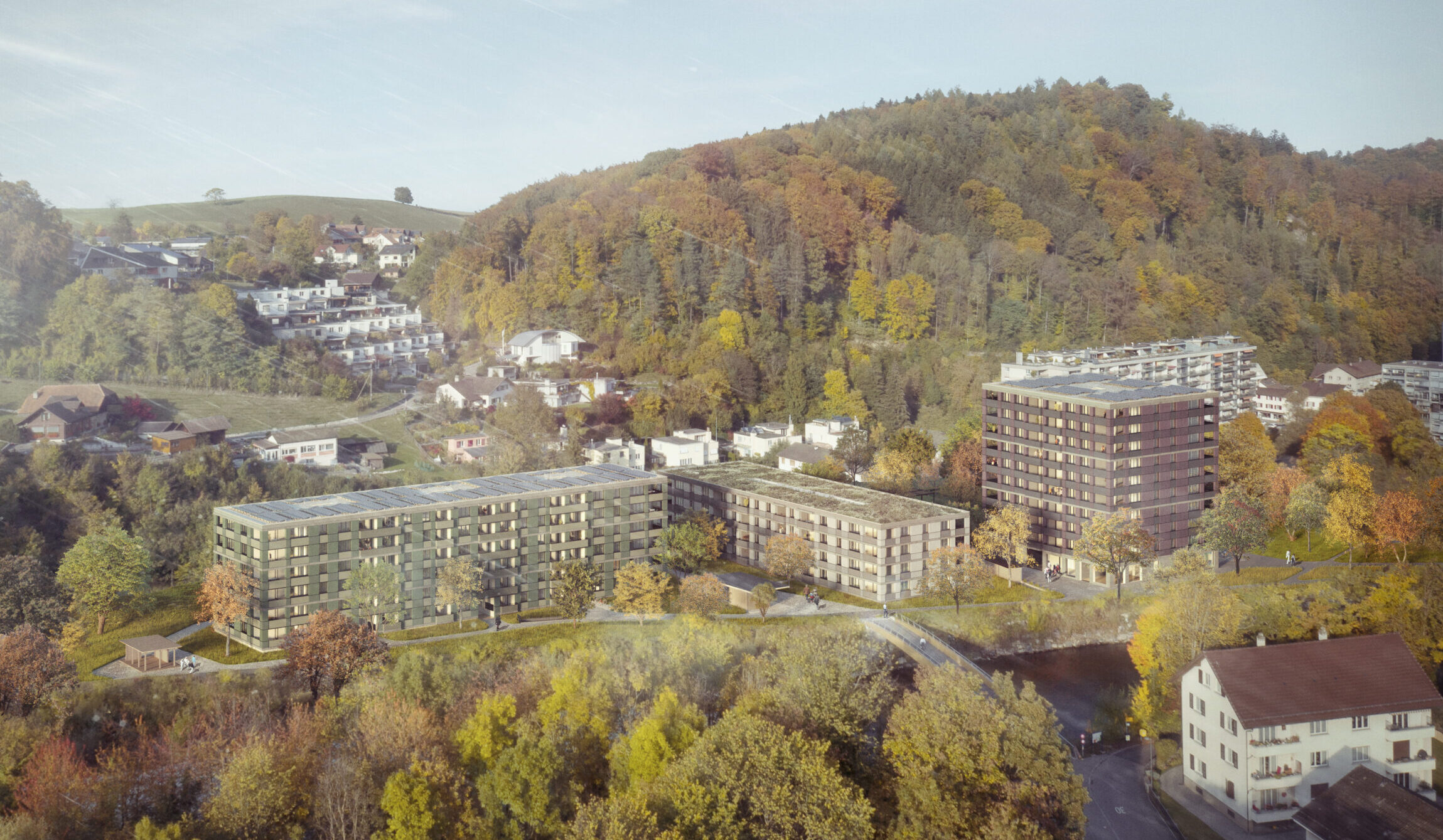 Vue aérienne d'habitations modernes entourées d'arbres automnaux et de collines verdoyantes. Le paysage montre un mélange d'habitations, avec quelques rues et maisons, nichées dans le feuillage, avec en toile de fond des collines boisées.