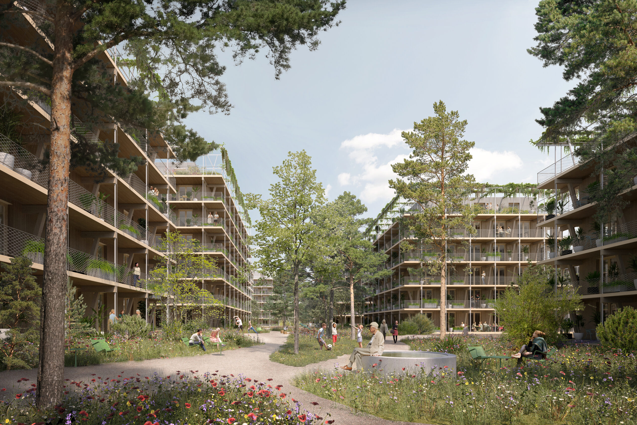 Un complexe résidentiel calme, entouré d'une verdure luxuriante et de grands arbres. Des bâtiments d'appartements modernes avec des balcons donnent sur un chemin sinueux et de petits jardins où les gens se détendent et profitent de l'environnement paisible en plein air.